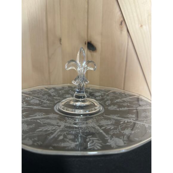Vintage Fostoria Floral Chintz Crystal Fleur de Lis Center Handle Tray 11.5" - Picture 3 of 8
